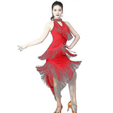 (XL, R) Dazzling  Dance Salsa Samba Clothes For Women High Neck  Fringes Latin Dresses Sleeveless Irregular Long Dress With Necklace Tw