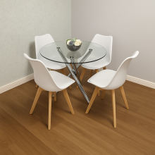 Round Glass Dining Table with Chrome Metal Legs and 4 White Leather Plastic Chairs, Modern Dining Set