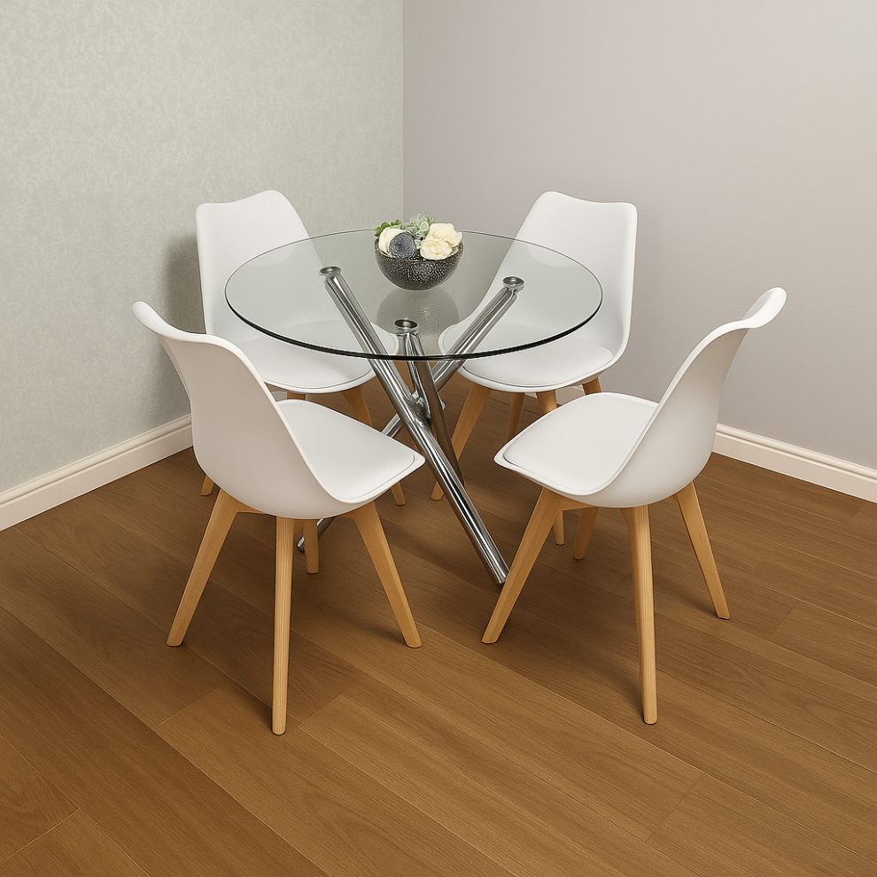 Round Glass Dining Table with Chrome Metal Legs and 4 White Leather Plastic Chairs, Modern Dining Set