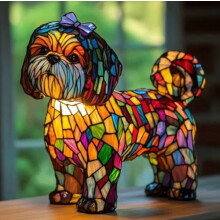 (Shih Tzu, 17cm button style) Dog Series Resin Ornaments LED Night Light Art Animal Statue Creative Home Desktop Decoration
