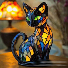 (Cat Type A, 17cm button style) Dog Series Resin Ornaments LED Night Light Art Animal Statue Creative Home Desktop Decoration