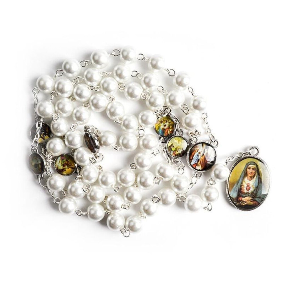 (White) Seven Sorrows Of Mary Rosary Chaplet Acrylic Beads Catholic Jewelry Necklace For Women Men White