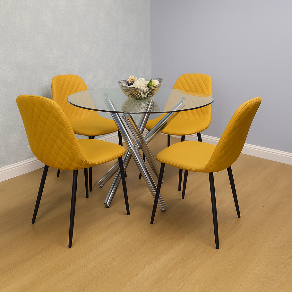 Round Clear Glass Dining Table with Chrome Metal Legs and 4 Mustard Leather Padded Chairs, Modern Dining Set