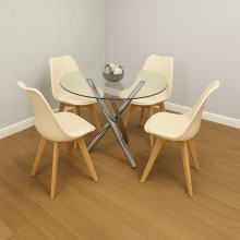 Round Clear Glass Dining Table with Chrome Metal Legs and 4 Cream Leather Plastic Chairs, Modern Dining Set