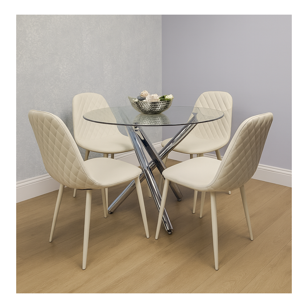 Round Clear Glass Dining Table with Chrome Metal Legs and 4 Cream Leather Padded Chairs, Modern Dining Set