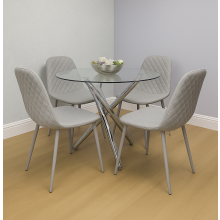 Round Clear Glass Dining Table with Chrome Metal Legs and 4 Grey Leather Padded Chairs, Modern Dining Set