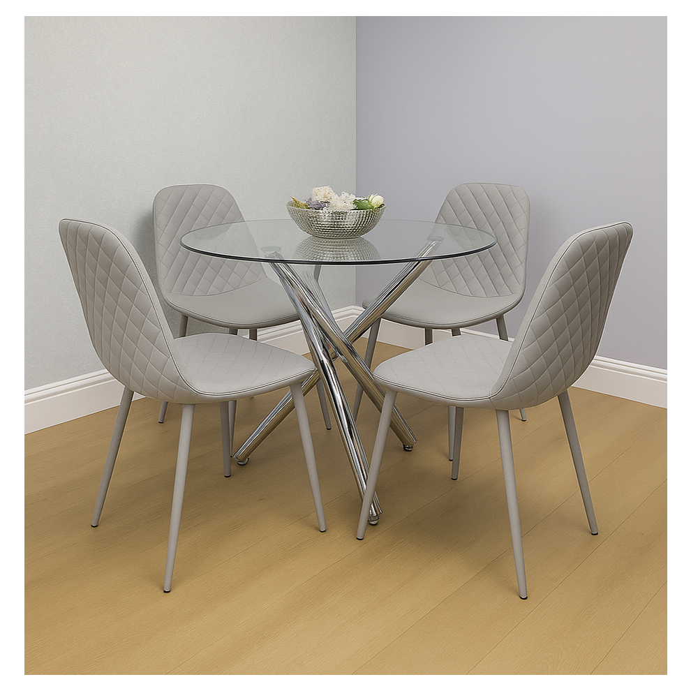 Round Clear Glass Dining Table with Chrome Metal Legs and 4 Grey Leather Padded Chairs, Modern Dining Set