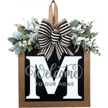 (M) Last Name Welcome Sign | Last Name Front Door Sign 26 Letter | 2023 Wood Wreaths For Front Door, Farmhouse Home Porch All Seasons Outside Decor