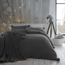 (Single) Teddy Bear Pom Pom Fleece Duvet Cover Set-Charcoal