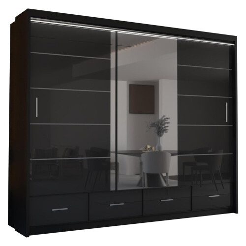 (Black, 255) Malega High Gloss Sliding Mirror Door Wardrobe