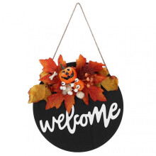 Round Wood Door Sign Farmhouse Front Door Hanging Welcome Sign Decors for Halloween Christmasmaple Leaf Skeleton