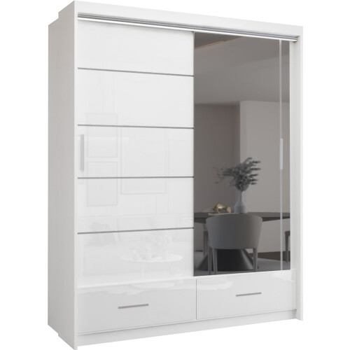 MN Furniture (White, 150) Malega High Gloss Sliding Mirror Door Wardrobe
