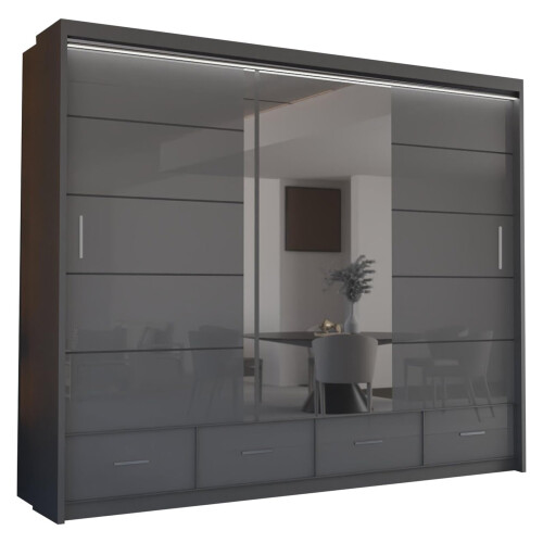(Grey, 255) Malega High Gloss Sliding Mirror Door Wardrobe