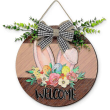 Happy Easter Wooden Hanging Sign Easter Welcome Sign Door Decoration with Bow, Rustic Easter Wooden Door Hanger for Home Farmhouse Window Indoor Outdo