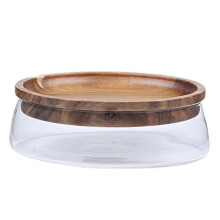 Fruit Bowl, Glass Bowl with Wooden Lid, Stylish Glass Fruit Basket, Double Glazed Bowl for Dried Fruits and Melons, Candy Organiser, Table Accessory