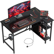 DOMSHOCT L Shaped Gaming Desk with Power Outlets, 100x70cm Small Corner Computer Table with Large Reversible Storage Shelves,