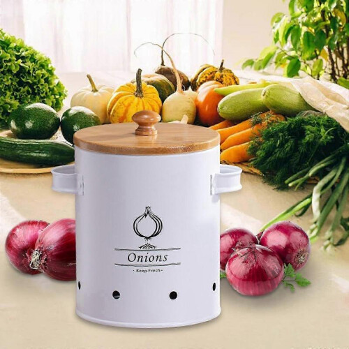 (White Medium) Tin Potato Onion Garlic Storage Container - Kitchen Pantry Organizer Canister with Lid 2