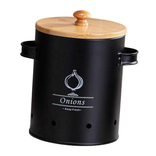 (Black Medium) Tin Potato Onion Garlic Storage Container - Kitchen Pantry Organizer Canister with Lid 1