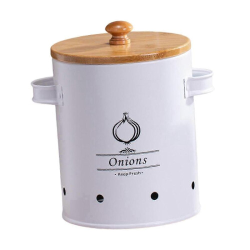 (White Medium) Tin Potato Onion Garlic Storage Container - Kitchen Pantry Organizer Canister with Lid 1