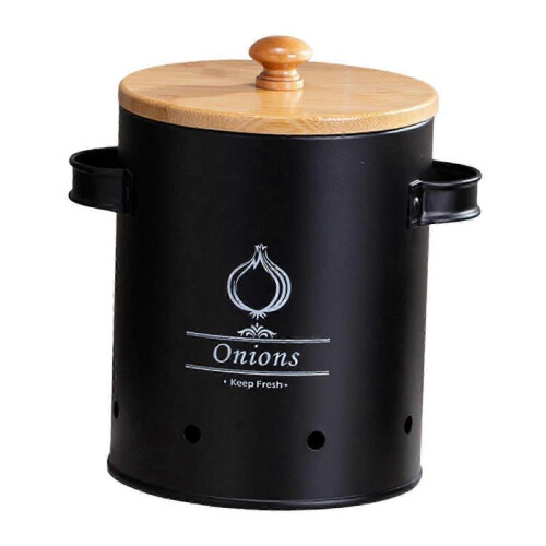 (Black Medium) Tin Potato Onion Garlic Storage Container - Kitchen Pantry Organizer Canister with Lid