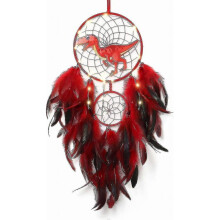 (With light, Red) Dinosaur Dream Catchers For Boys Girls, Dream Catcher Light Wall Decor Feather Wall Hanging Dino Dream Catcher Kids Gift