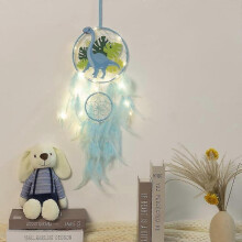 (With light, Blue) Dinosaur Dream Catchers For Boys Girls, Dream Catcher Light Wall Decor Feather Wall Hanging Dino Dream Catcher Kids Gift
