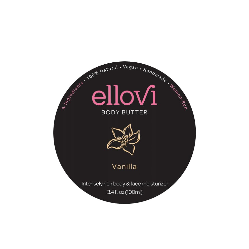 Ellovi All-Natural Body Butter - Vanilla - Pure Enough To Eat - Made With Just 6 Vegan Ingredients - Ultra-Rich 100% Plant-Based Hydrating Moisturizer
