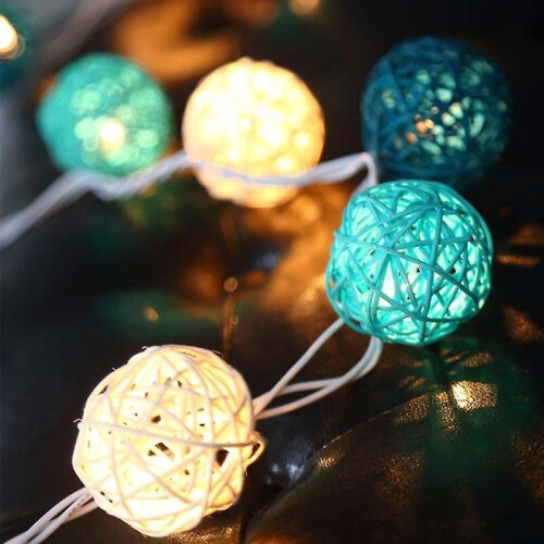 (5m 20 balls AC plug, Blue White) Rattan Balls Led String Fairy Light