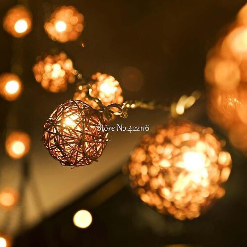 (5m 20 balls AC plug, Coffee) Rattan Balls Led String Fairy Light