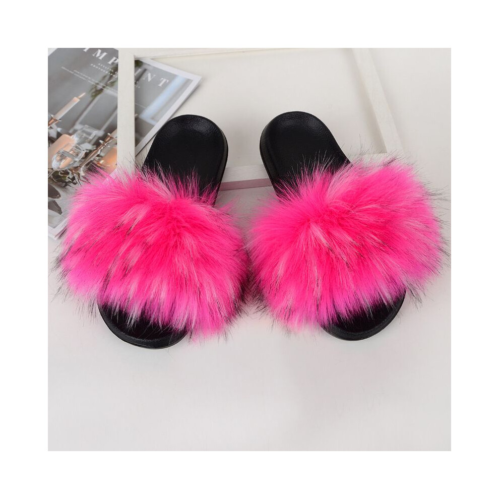 (Rosered, EU40-EU41) Fur Faux Women Slippers Soft Fluffy Sandals Girls Home Outdoor Slides Flip Flops