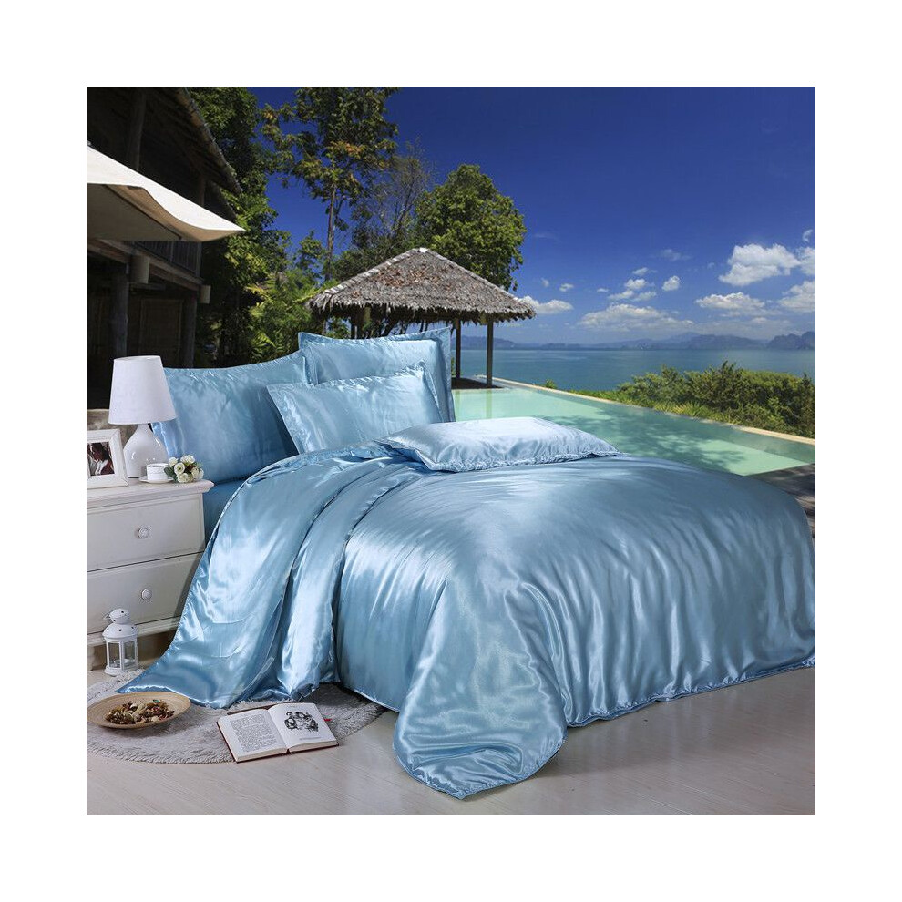(Light Blue, Queen) 4pc Comfortable Satin Silk Fitted Sheet Bed Flat Sheet Bedding Case Pillow Set