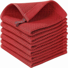 (Dark Red, Dark red) 6Pcs 34x34cm Cotton Waffle Weave Kitchen Dish Towels Quick Cleaning Fast Absorbing Rag with Hanging