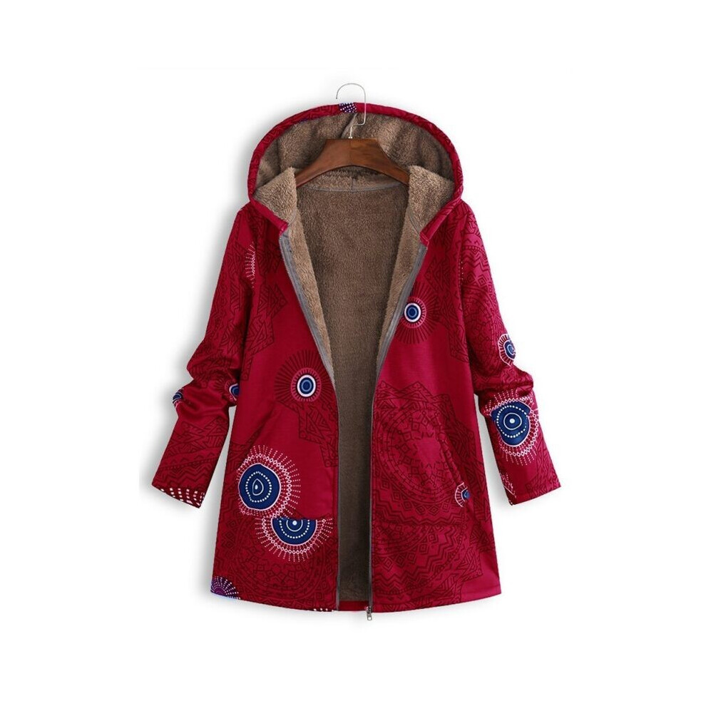 (Red, 5XL) Warm Women Winter Fleece Lined Hooded Jacket Parka Floral Coat Outwear Jacket