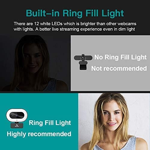 1080P Webcam with Ring Light and Privacy Cover, Auto-Focus, Web Camera for Online Learning(Black) 2