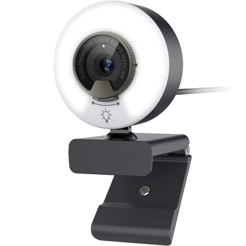 Webcam with Light, Software Included, Fast AutoFocus, Built-in Privacy Cover, USB Web Camera(Black)
