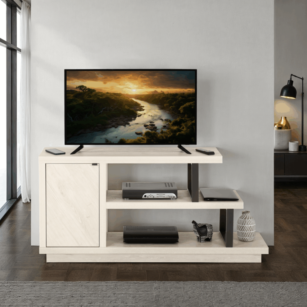 Turin TV Stand Light Oak Effect Black Metal Uprights