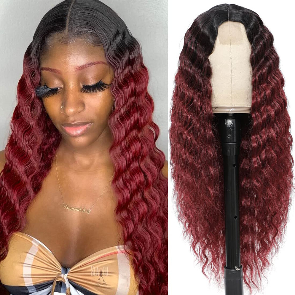Clione Unisex Red 28"" Synthetic Curly Wig Ombre Burgundy Lace Front Wigs For Women Long