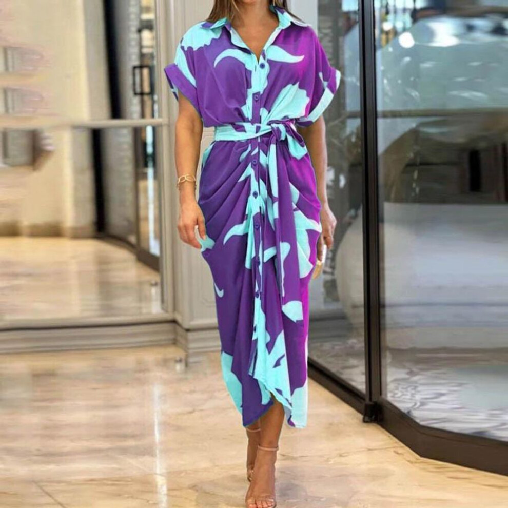 (purple, S) Spring Summer Women's Dress Printed Lapel Short Sleeve High Waist Long Shirt Dresses