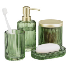 Navaris Glass Bathroom Accessories Set - Durable 4 Piece Accessory Set in Sage Green - Vanity Home Decor - Toothbrush Holder  Soap Dispenser  Cotton J