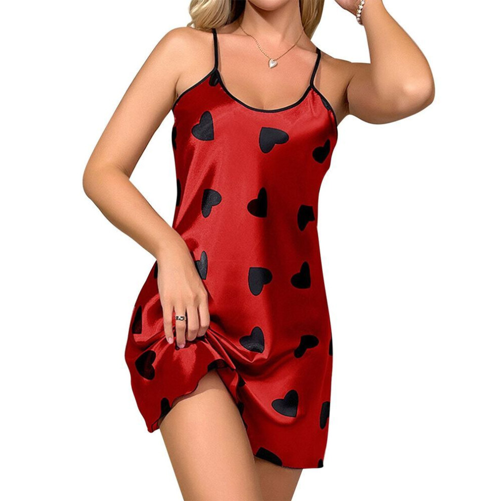 (red, M(for 4-6.5kg)) Women Sleeveless Sleepwear Dress Heart Printing Spaghetti Straps Summer Nightwear Pajamas Red M