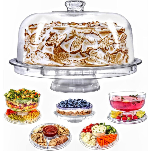 (Plastic)6 IN 1 Modern Design Multi Functional Cake Stand & Dome Plastic Cover Salad Bowl
