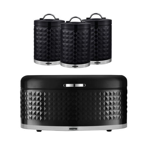 GEEPAS (Black) GEEPAS 4 Pc Tea Coffee Sugar Canister & Bread Bin Set
