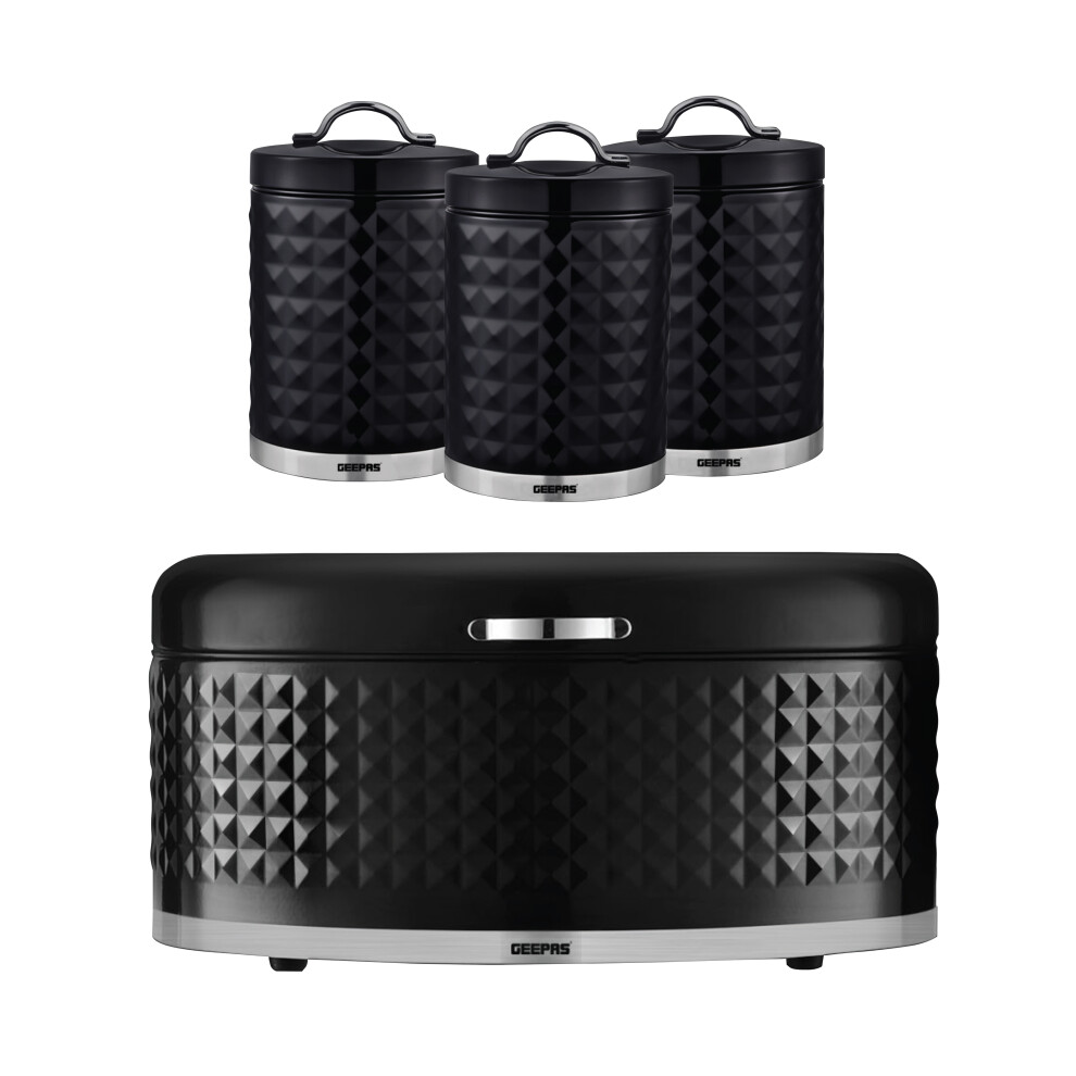 Geepas (Black) 4 Pc Tea Coffee Sugar Canister & Bread Bin Set Black