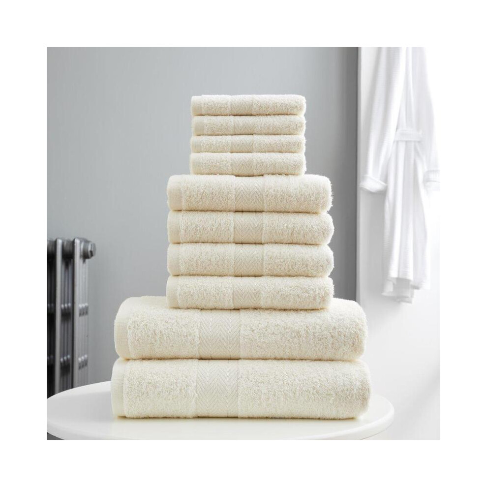 (Cream) 10 Pieces Towel Bale Set 100% Combed Cotton 500GSM Ultra Soft Absorbent Face Hand Bath Bathroom Towels Linen Smooth Border Stripe-image-OPC-PJ7SZ5Q-NEW