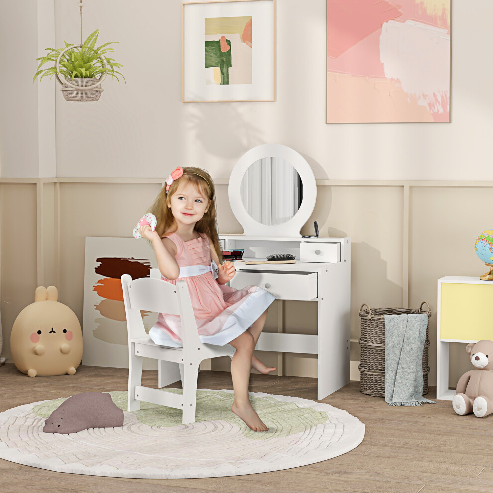 AIYAPLAY Kids Dressing Table Set w/ Stool, Mirror, Drawers - White