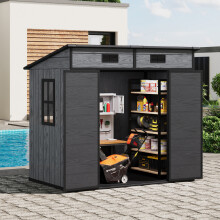 6.3x4ft Garden Plastic Storage Shed with Floor & Double Lockable Doors, Wood Grain Design