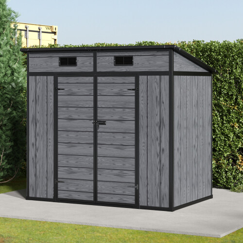 6.3x4ft Garden Plastic Storage Shed with Floor & Double Lockable Doors, Wood Grain Design 1