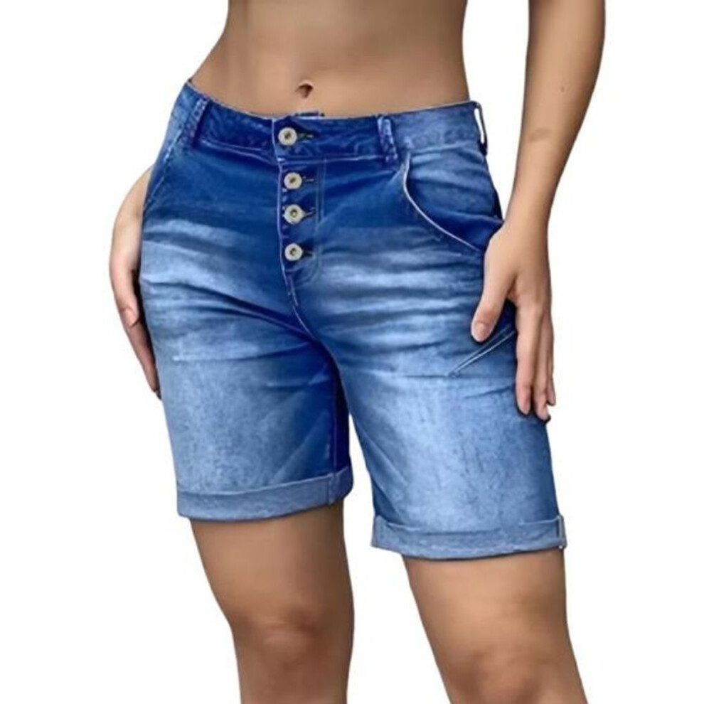 (dark blue, XXL) Women Denim Shorts High Waisted Rolled Cuff Shorts Slimming Bermuda Stretch
