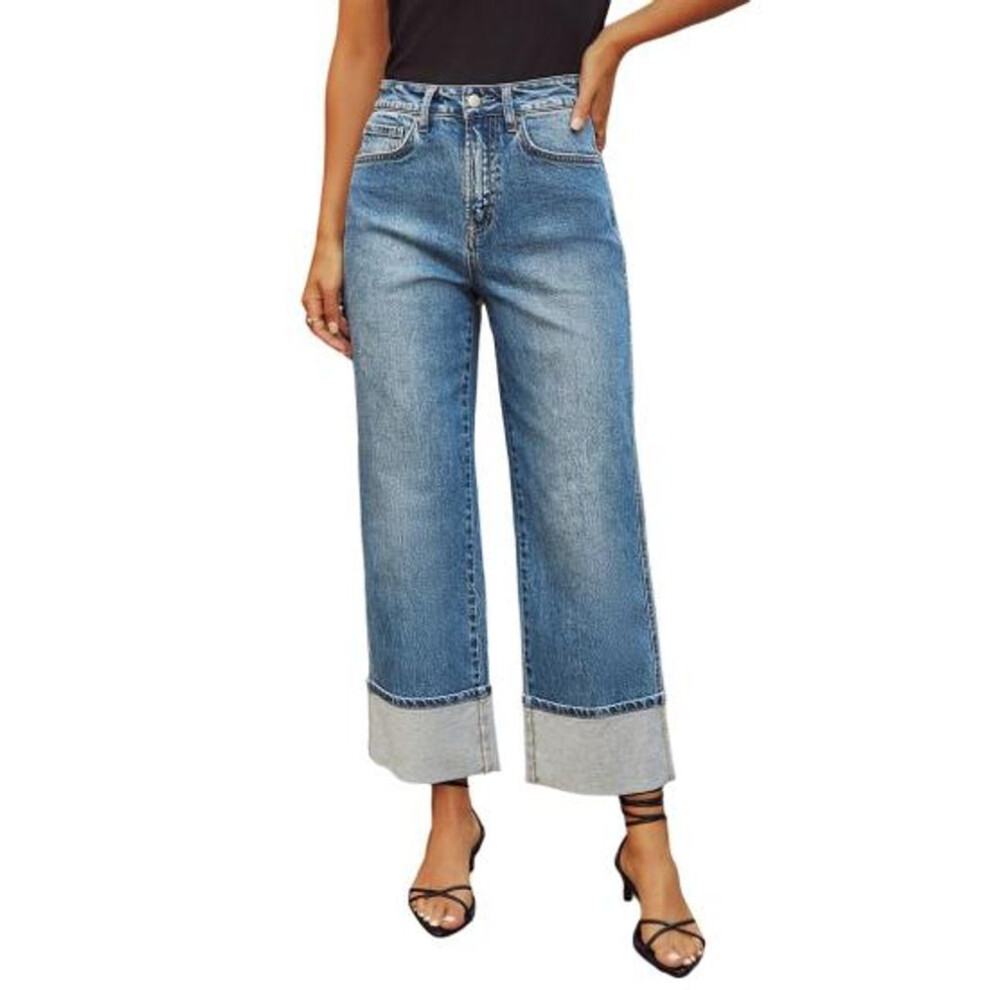(dark blue, XL) Women Baggy Jeans High Waisted Wide Leg Denim Pants Stretchy Cuffed