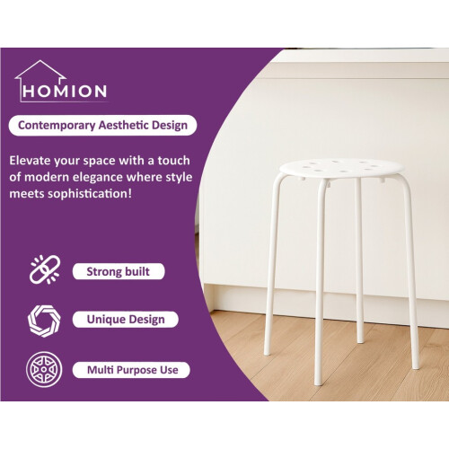 White Stackable Plastic Stool Round Top Backless Design Metal Leg 2